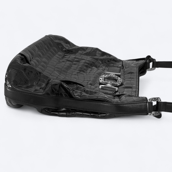 Brighton Cher Glam Black Croco Embossed Patent Leather Silver Shoulder Bag - Picture 6 of 13